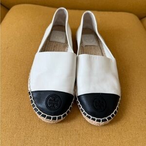 Tory Burch Espadrilles White Black Canvas Slip-On